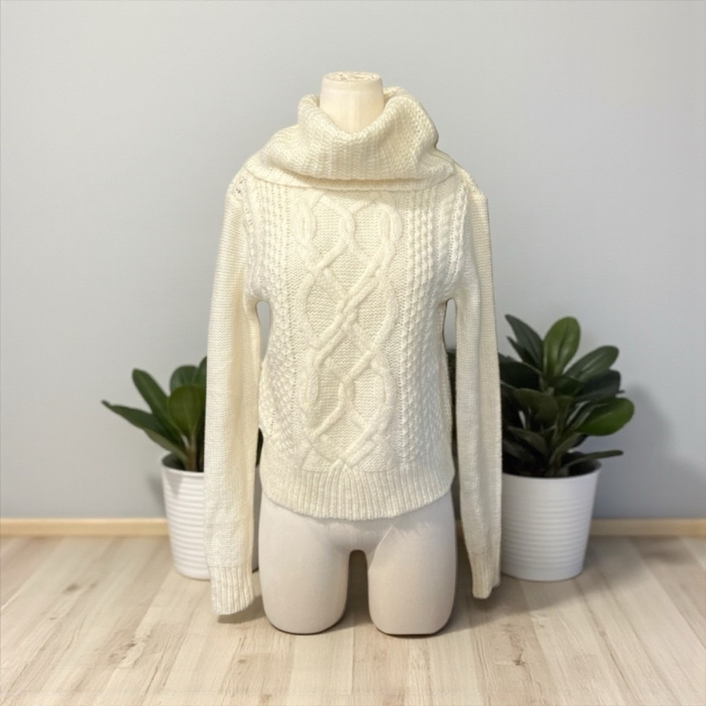 Express  Cream Cable Knit Cowl Neck Sweater Wool Mohair Blend in XS